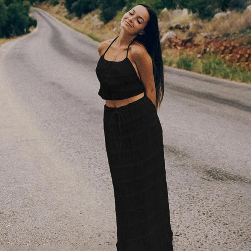 Load image into Gallery viewer, Chiffon Lace Sexy Skirt Two Piece Sets Women Halter Crop Tops And Maxi Skirt Ladies Fashion Woman Long Dress Set
