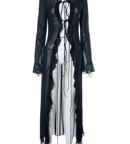 Mesh Long Sleeve Black See Through Cardigan Lace Up Sexy Midi Dress 2023 Summer Women Fashion Beach Party Club Outfit