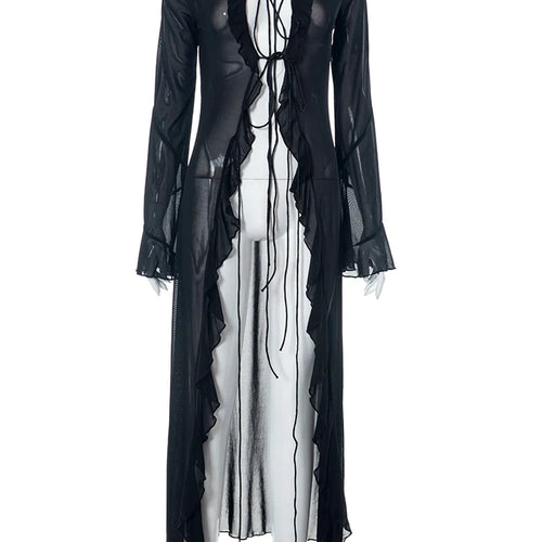 Load image into Gallery viewer, Mesh Long Sleeve Black See Through Cardigan Lace Up Sexy Midi Dress 2023 Summer Women Fashion Beach Party Club Outfit
