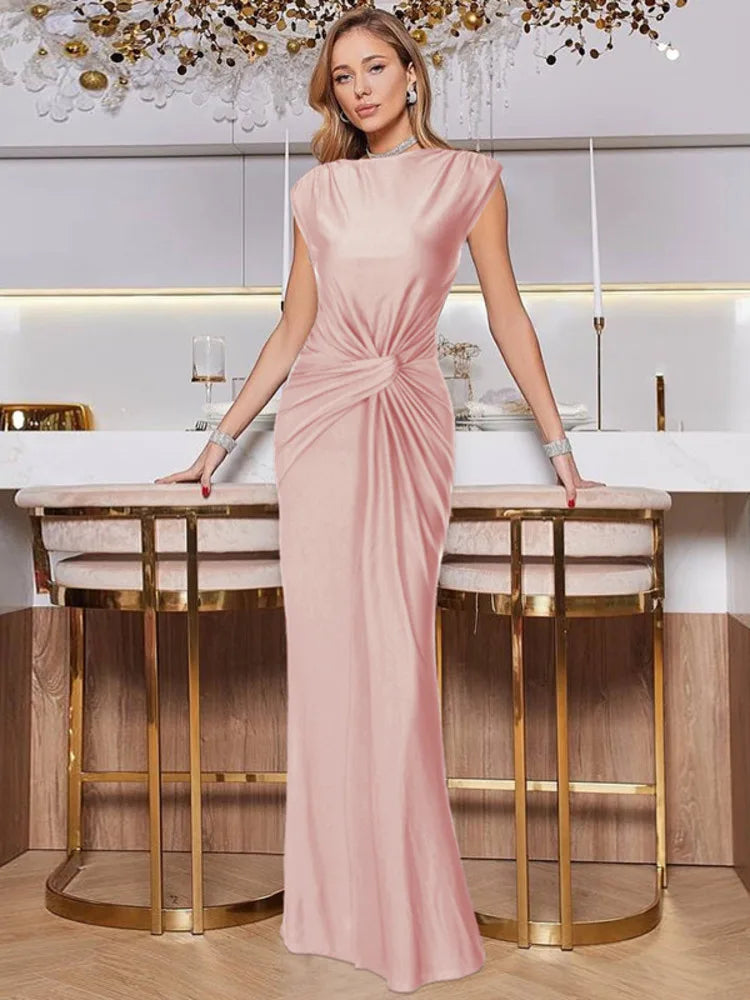 Elegant Sleeveless Round Neck Long Dress For Women Spring Summer 2025 New Temperament Slim Party Club Evening Dress