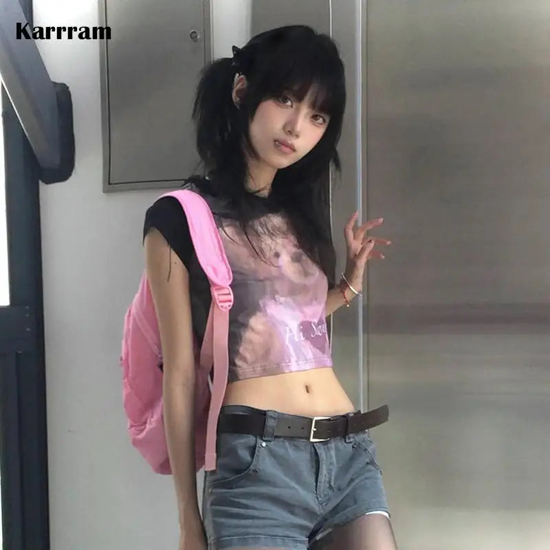 Japanese Y2k Crop Top 2000s Aesthetics Bear Print Short Sleeve T-shirt Vintage Harajuku Lace Patchwork Tee Shirt Lolita
