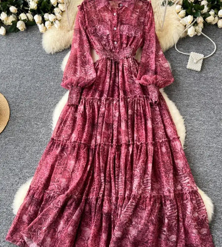 Retro 2024 Autumn Women Print Elegant Lantern Sleeves Long Dress High Waist Single Breasted Evening Party Pleated Shirt Dresses