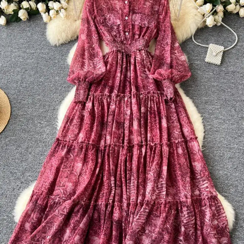 Load image into Gallery viewer, Retro 2024 Autumn Women Print Elegant Lantern Sleeves Long Dress High Waist Single Breasted Evening Party Pleated Shirt Dresses
