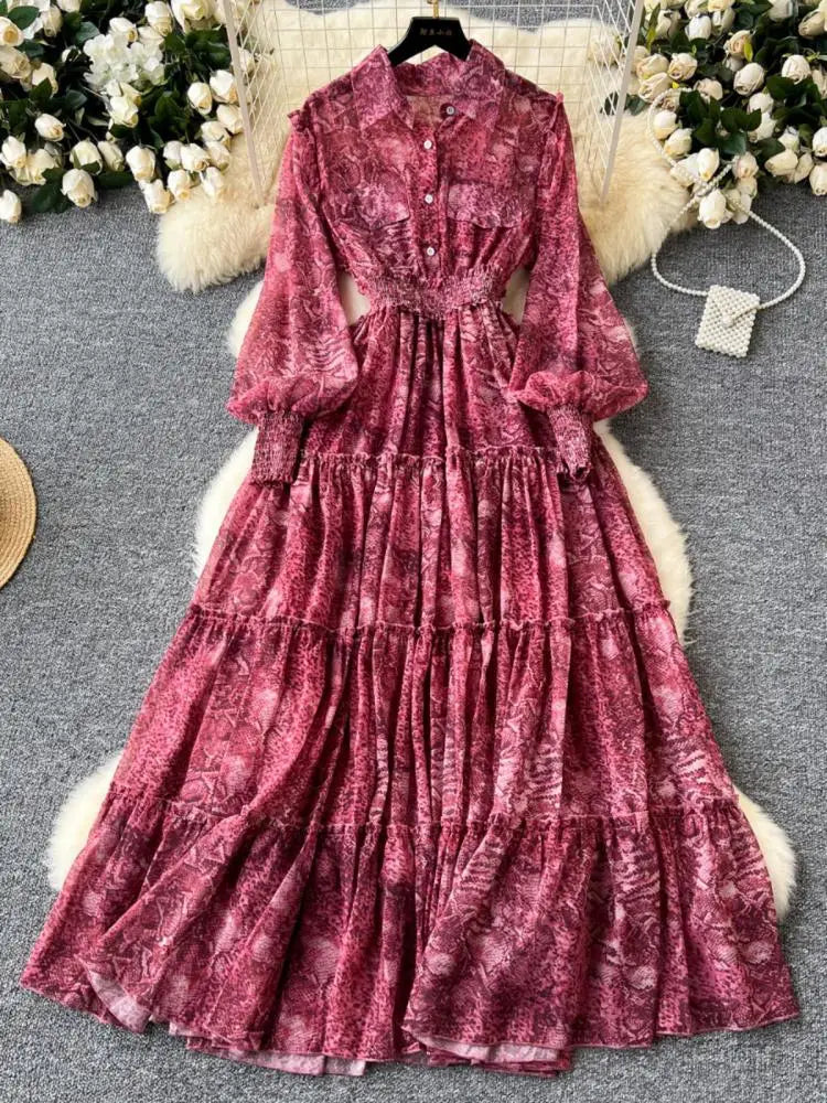 Retro 2024 Autumn Women Print Elegant Lantern Sleeves Long Dress High Waist Single Breasted Evening Party Pleated Shirt Dresses