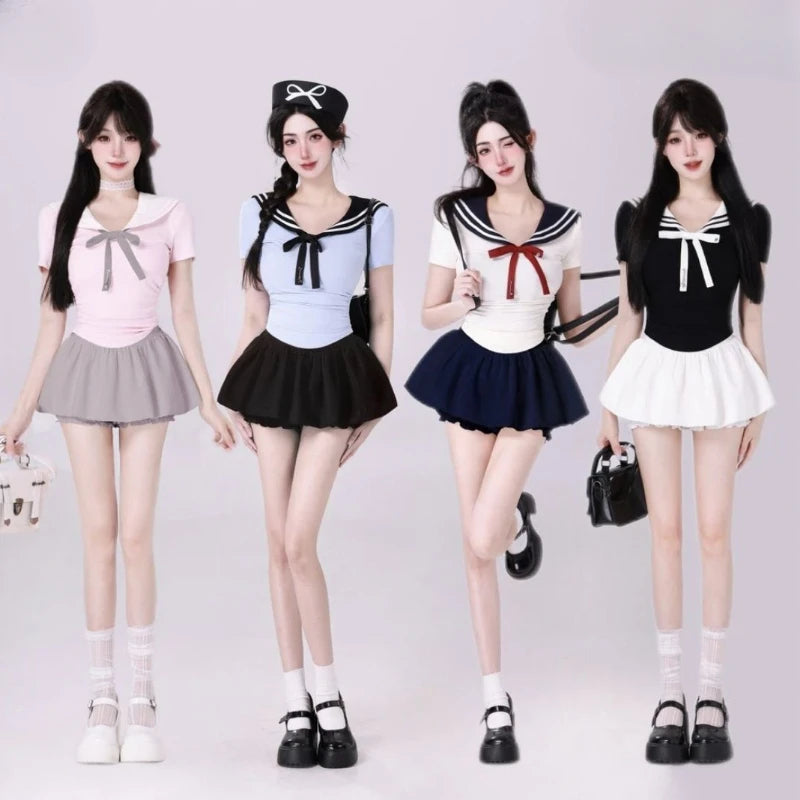 Preppy Style Two Pieces Set Women Patchwork Sailor Collar Grunge T-shirt + Y2k Aesthetic Mini Pleated Skirts Harajuku Outfits