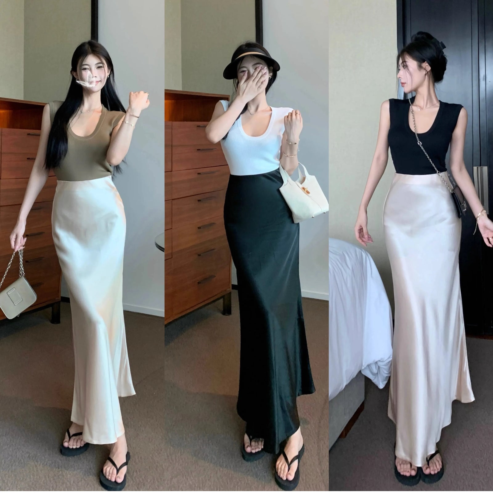 Spring Summer Women Black Beige Elegant Long Skirt Korean Version Pink High Waist Temperament Vacation Half Skirt Versatile Chic