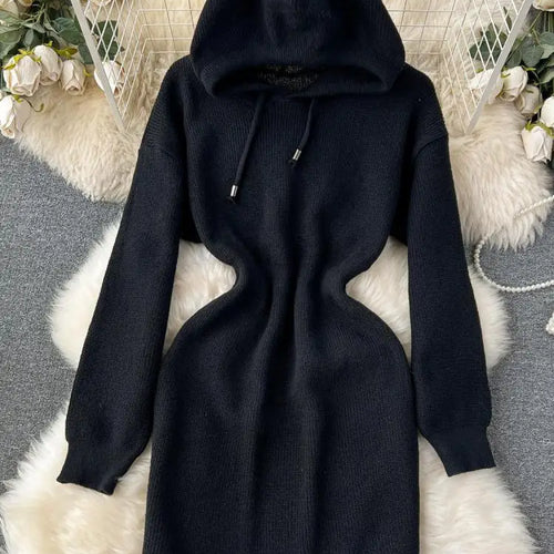 Load image into Gallery viewer, Autumn New White Slim Elegant Long Sleeve Hooded Mini Dress Women Black Elegant Slim Gray Knit Hip Wrap Dresses Popular Fashion
