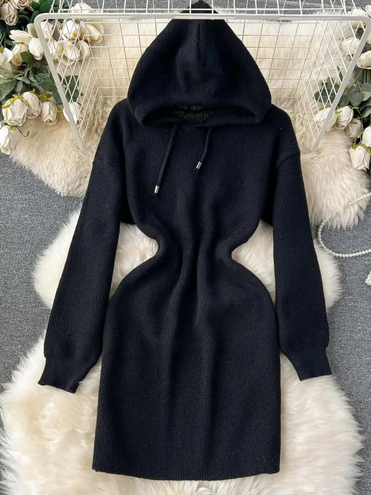 Autumn New White Slim Elegant Long Sleeve Hooded Mini Dress Women Black Elegant Slim Gray Knit Hip Wrap Dresses Popular Fashion