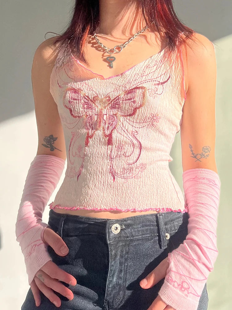 Y2K Sweet Pink Frill Summer Tank Tops Strappy Bow Cute Korean Fashion Butterfly Printed Tee Sleeveless Aesthetic Chic