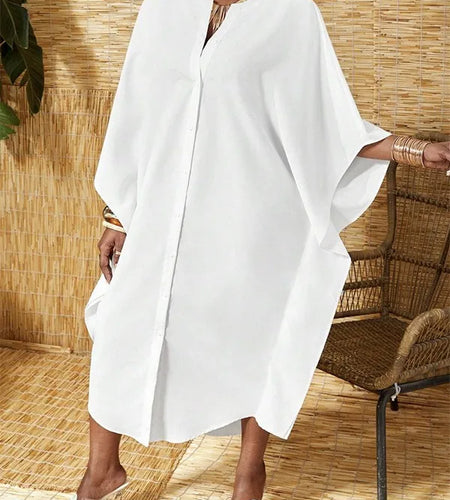 Summer Oversize Dresses for Women Loose V-neck Batwing Sleeves Buttoned Simple Half Sleeves Vacation Outfits Dress