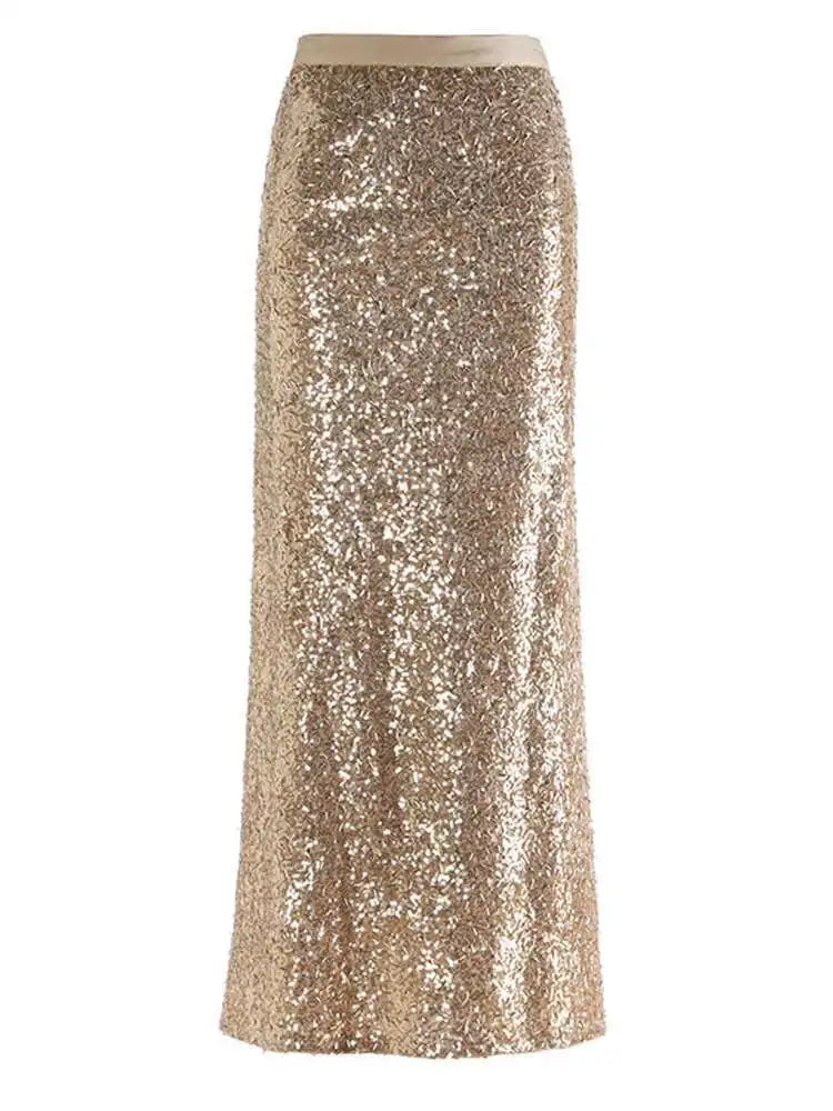 High Elastic Waist Gray Sequins Shining Elegant Long Half-body Skirt Women Fashion Tide New Spring Autumn 2025 1DH7488