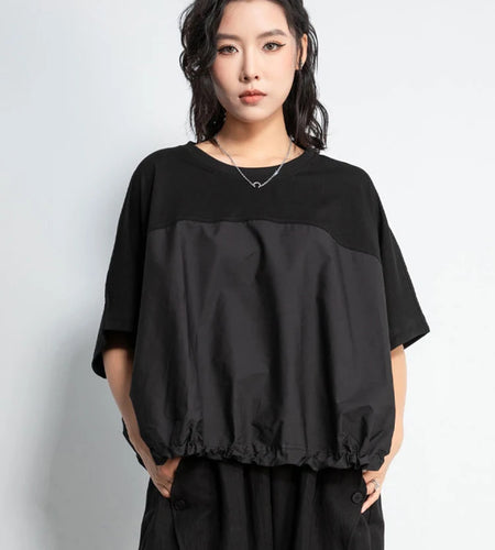 Women Black Drawstring Big Size Casual T-shirt New Round Neck Short Batwing Sleeve Fashion Tide Spring Summer 2025 1DJ1031