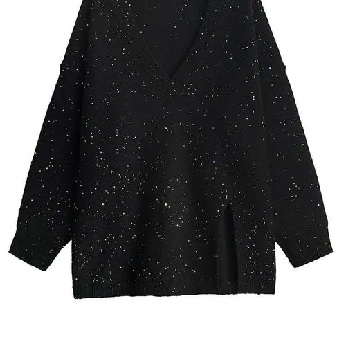 Load image into Gallery viewer, Black Sequins Slit Big Size Knitting Sweater V-Neck Long Sleeve Women Pullovers New Fashion Spring Autumn 2025 1DH9222
