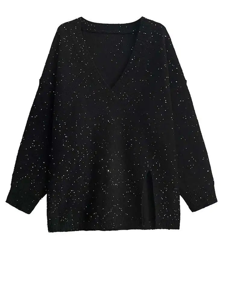 Black Sequins Slit Big Size Knitting Sweater V-Neck Long Sleeve Women Pullovers New Fashion Spring Autumn 2025 1DH9222