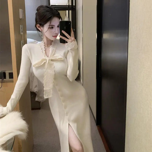Load image into Gallery viewer, Korean 2024 New Women's Patchwork Lace Bow Bandage Dress Autumn Winter Single Breasted Office Lady Slim Split Knitted Dress Chic
