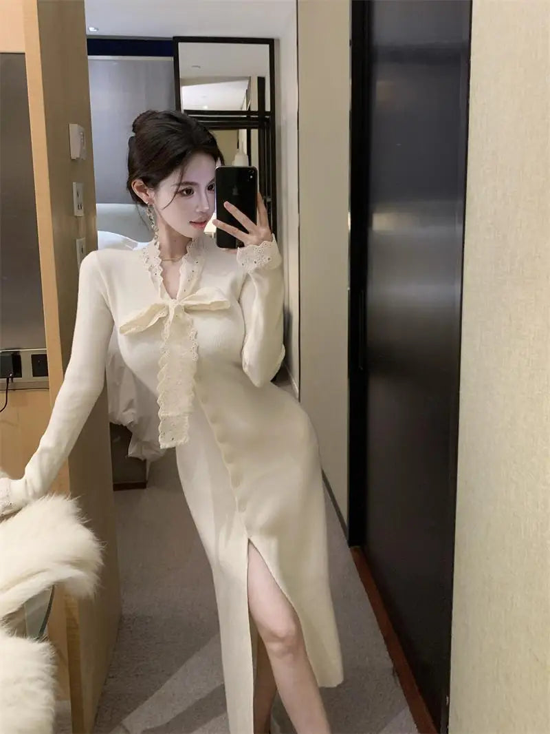Korean 2024 New Women's Patchwork Lace Bow Bandage Dress Autumn Winter Single Breasted Office Lady Slim Split Knitted Dress Chic