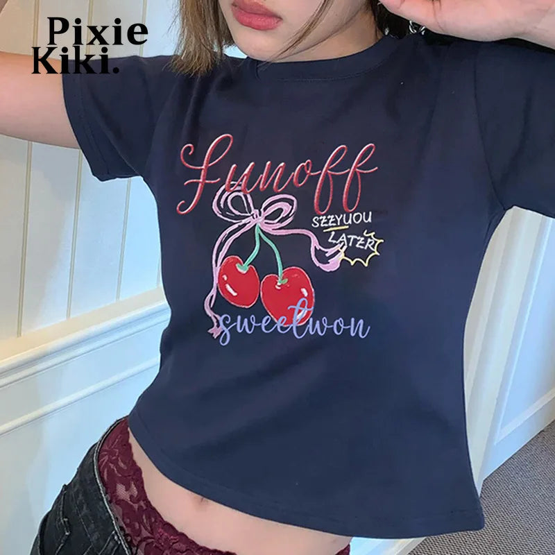 Cherry Letters Printed Graphics T Shirt Y2k Baby Tees Women Summer Clothes 2024 Casual Short Sleeve Crop Top P67-BD10