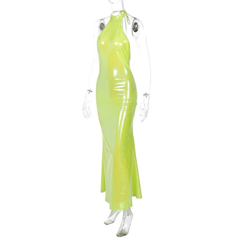 Halter Backless Bow Sexy Maxi Dress For Women Gown Fashion Shiny Sleeveless Lace-up Bodycon Club Long Dress Elegant