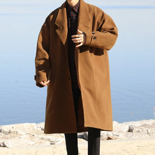 Load image into Gallery viewer, Simple Men&#39;s Woolen Overcoats Solid Color Turn-down Collar Casual Tops Overknee Single Breasted Loose Male Trench 9C8989
