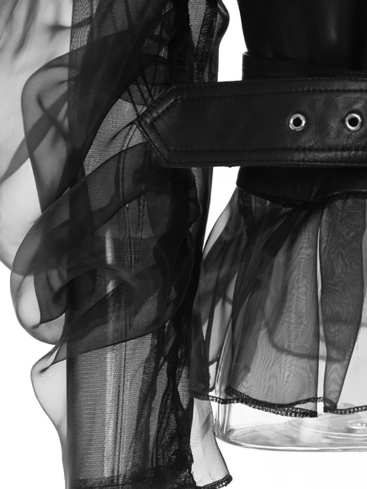 Loose Fit Black Pu Leather Mesh Elegant Jacket New Lapel Long Sleeve Women Coat Fashion Tide Spring Autumn 2025 17A8517