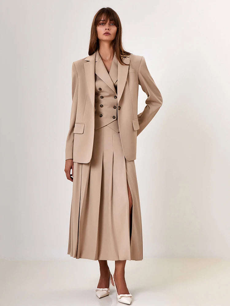 Fashion Slim Button Vest Long Skirt Women Two-piece Set Tight Vest Pleated Skirt Set Elegant Streetwear 2024 Autumn Set