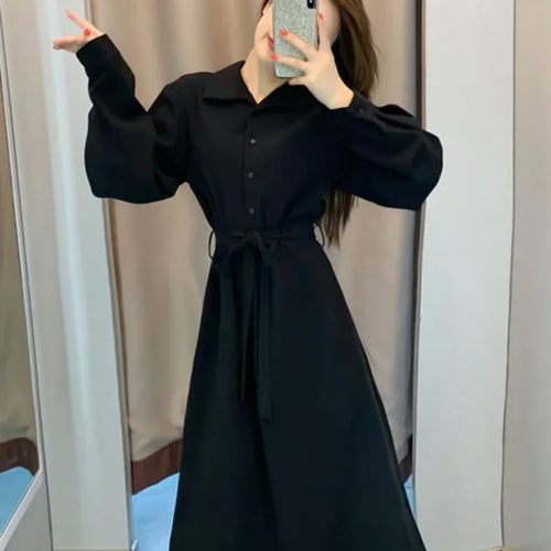 Load image into Gallery viewer, Polo Black Shirt Dress Women Vintage Casual Long Sleeve Party Dresses Elegant Kpop Fashion Harajuku Robe Female
