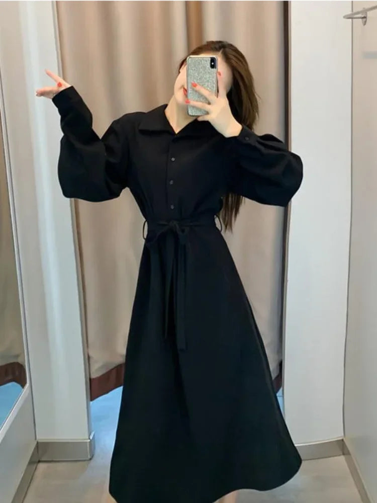 Polo Black Shirt Dress Women Vintage Casual Long Sleeve Party Dresses Elegant Kpop Fashion Harajuku Robe Female