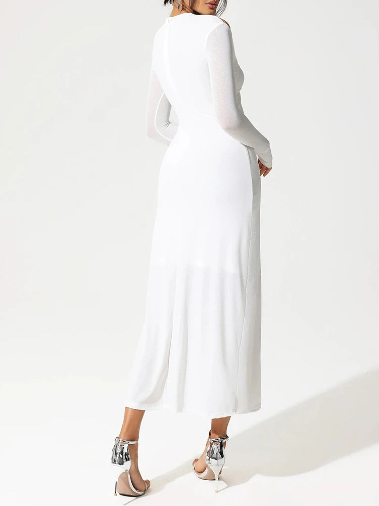 Hollow Out Crosscriss Knitting Slim Dresses For Women V Neck Long Sleeve High Waist Spliced Sequined Elegant Dress Female
