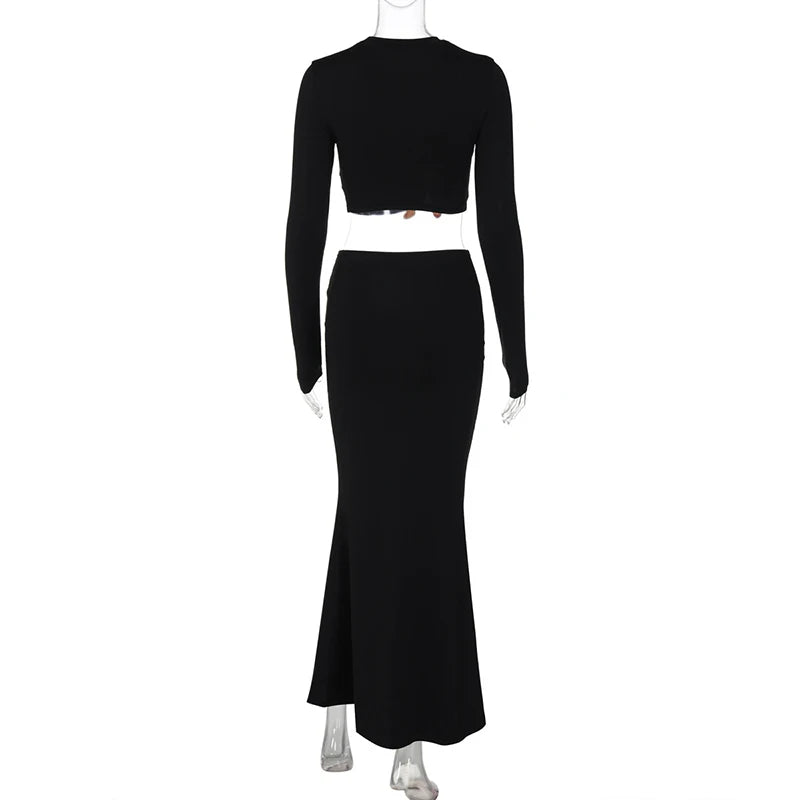 Autumn Winter Skirt Two Pieces Sets Women Sexy Long Sleeve Crop Tops And Elegant Maxi Skirt Sets Ladies Holiday Sets