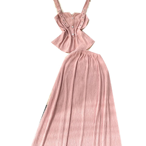 Load image into Gallery viewer, Summer Two Pieces Set Women Solid Sexy Club Elegant Button Backless Short Slip Tops And High Waist Pleated Long Skirt Suit Korea
