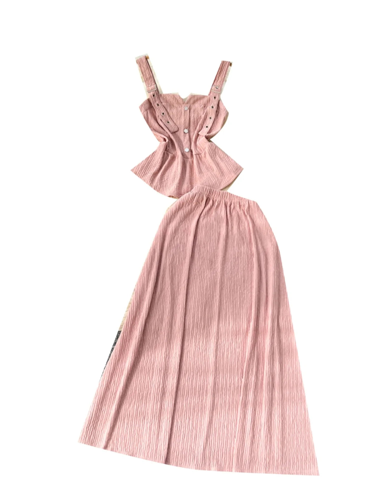 Summer Two Pieces Set Women Solid Sexy Club Elegant Button Backless Short Slip Tops And High Waist Pleated Long Skirt Suit Korea