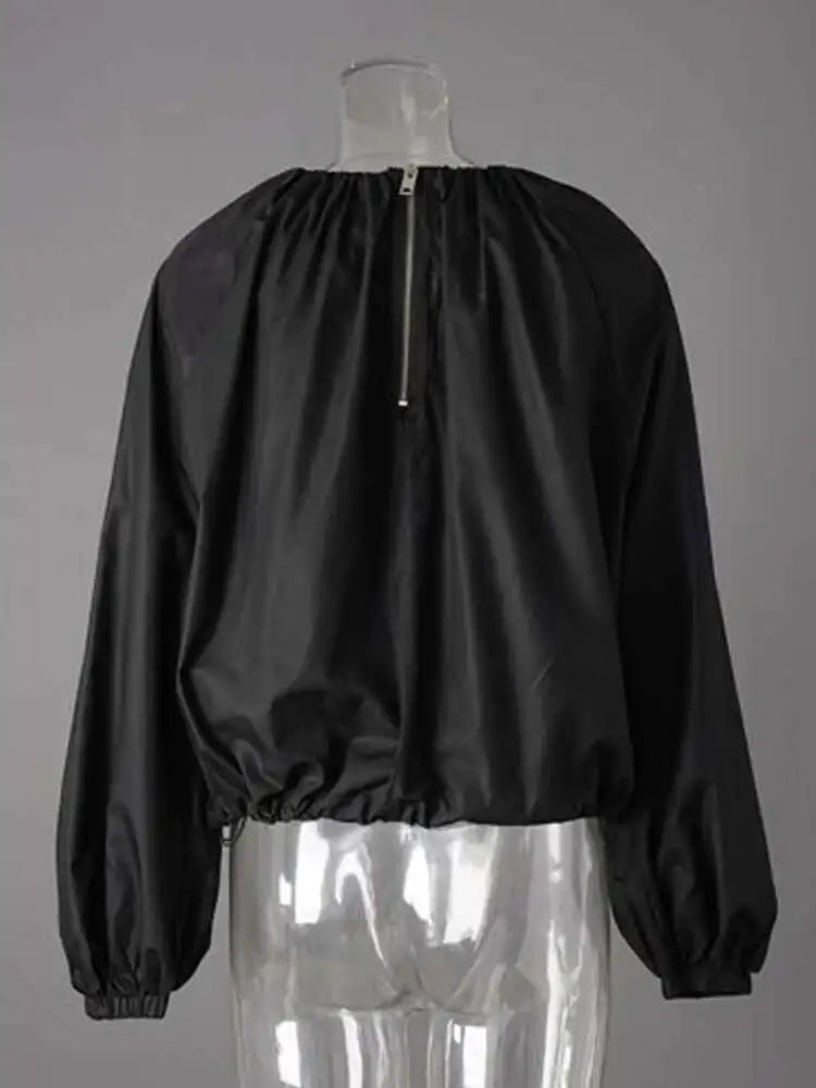 Women Black Drawstring Big Size Short Blouse New Round Neck Lantern Sleeve Shirt Fashion Tide Spring Autumn 2025 CPG2612