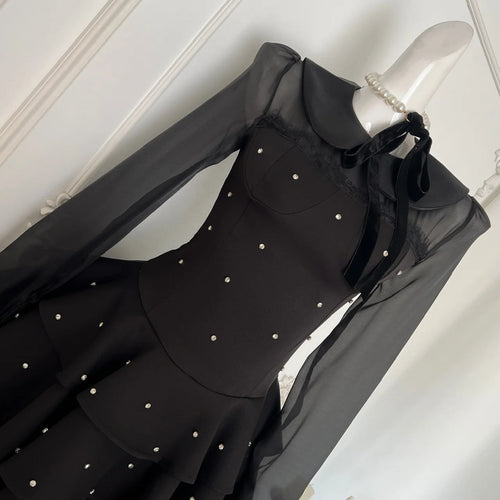 Load image into Gallery viewer, Autumn Vintage Black Dot Elegant Festival Long Sleeve Mini Dresses French Women Evening Party Pleated Short Dress Fashion Ladies
