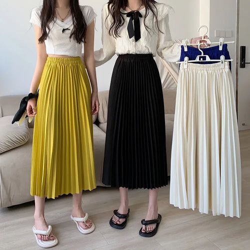 Load image into Gallery viewer, Spring Summer Black Beige High Waist Pleated Long Skirts Korean Fashion Women Blue Yellow Versatile A-line Half Skirt Streetwear
