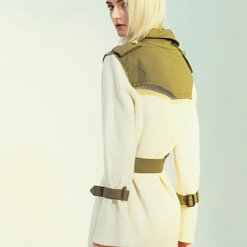 Load image into Gallery viewer, Beige Spliced Belted Knitting Cardigan Sweater Stand Collar Long Sleeve Women New Fashion Tide Spring Autumn 2025 1DH5643
