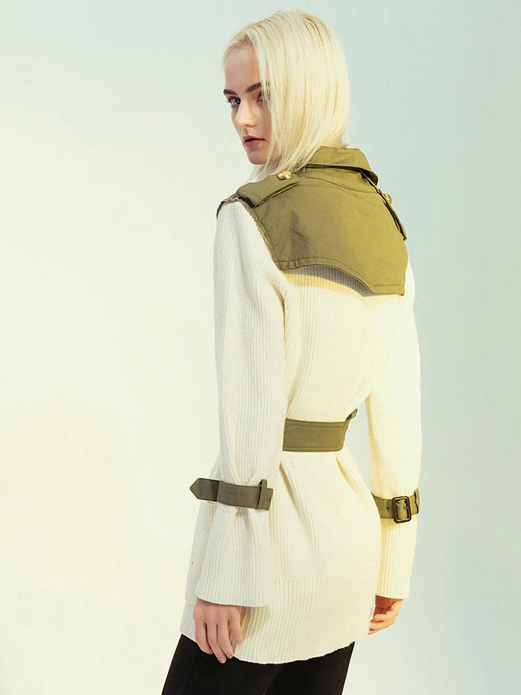 Beige Spliced Belted Knitting Cardigan Sweater Stand Collar Long Sleeve Women New Fashion Tide Spring Autumn 2025 1DH5643