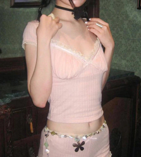 V Neck Sweet Pink Frill Bow Fold Summer T shirt Women Korean Style Slim Crop Top Tee Cute Y2K Coquette Clothes Shirts