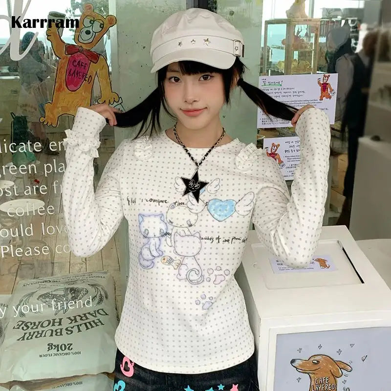 Japanese Y2k Anime Print Knitted Tops 2000s Aesthetics Long Sleeve T-shirt Cutecore Polka Dots Ribbed Tops Kawaii Cat