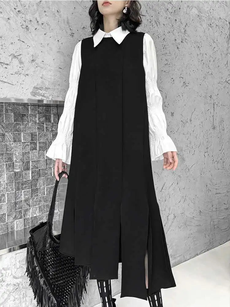 Women Black Irregular Ribbons Big Size Strap Dress New Round Neck Sleeveless Fashion Tide Spring Autumn 2025 1DH8059