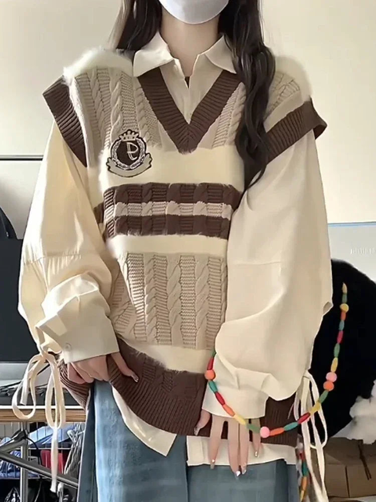 Autumn Grunge Loose Knitted Women's Tanks Casual All Match Sleeveless Pullovers Y2k Aesthetic Harajuku Streetwear Sweater Vest