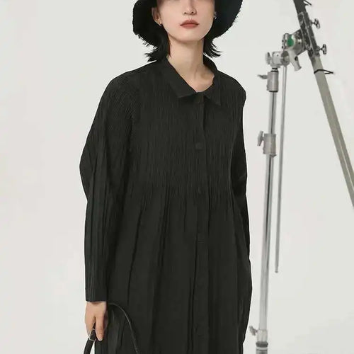 Load image into Gallery viewer, Loose Fit Black Brief Pleated Big Size Jacket New Lapel Long Sleeve Women Coat Fashion Tide Spring Autumn 2025 1DH2077
