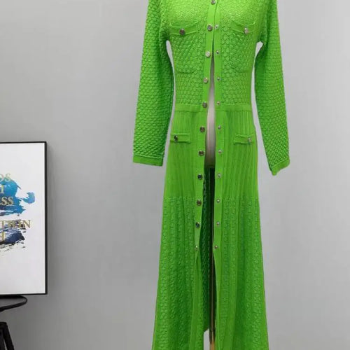 Load image into Gallery viewer, Autumn Winter Black White Single Breasted Casual Sweater Dress Green Elegant Office Women's Temperament Long Sleeve Knit Dresses
