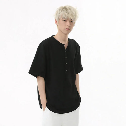 Load image into Gallery viewer, Men's Short Sleeve T-shirts New Summer Solid Color Casual Style Button Half Open Design Round Collar Loose Male Top 9W1600
