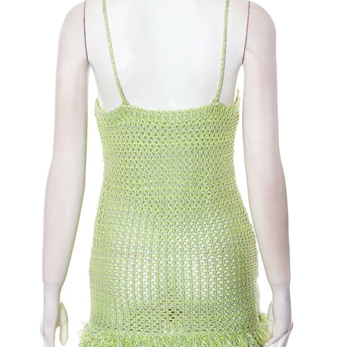 Load image into Gallery viewer, Spaghetti Strap Tassel Knit Mini Dress Women Summer New Hollow Out See Through Backless Beach Holiday Club Dress
