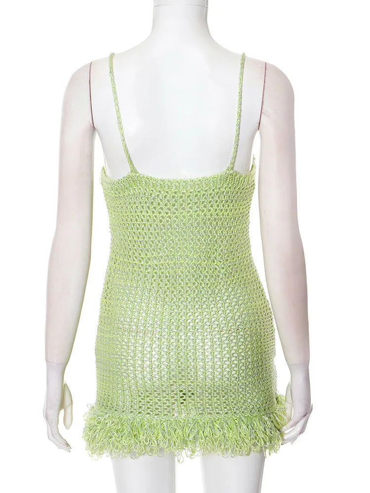 Spaghetti Strap Tassel Knit Mini Dress Women Summer New Hollow Out See Through Backless Beach Holiday Club Dress