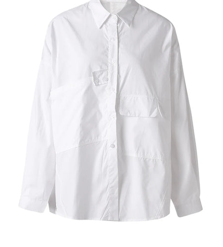 Women White Pocket Spliced Big Size Casual Blouse New Lapel Long Sleeve Shirt Fashion Tide Spring Autumn 2025 30A1910