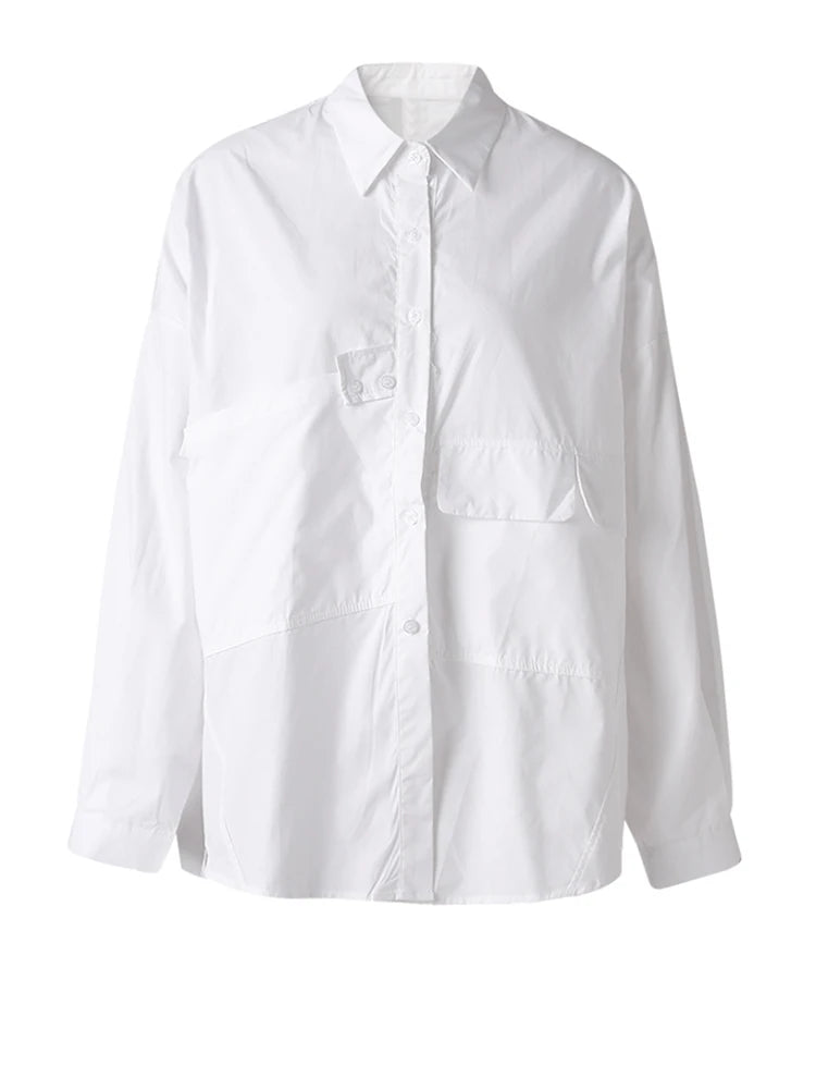 Women White Pocket Spliced Big Size Casual Blouse New Lapel Long Sleeve Shirt Fashion Tide Spring Autumn 2025 30A1910