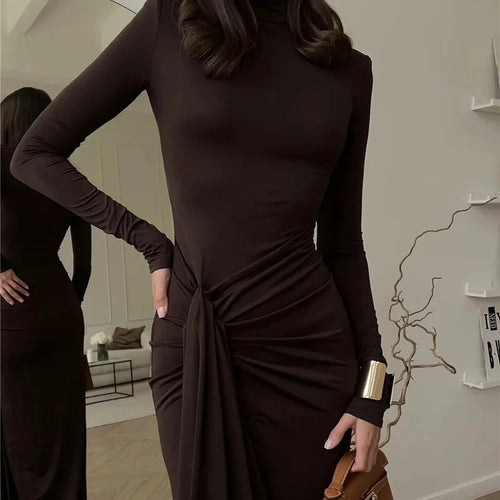 Load image into Gallery viewer, Turtleneck Thigh High Split Sexy Maxi Dress For Women Fashion Long Sleeve Draped Bandage Bodycon Club Long Dress
