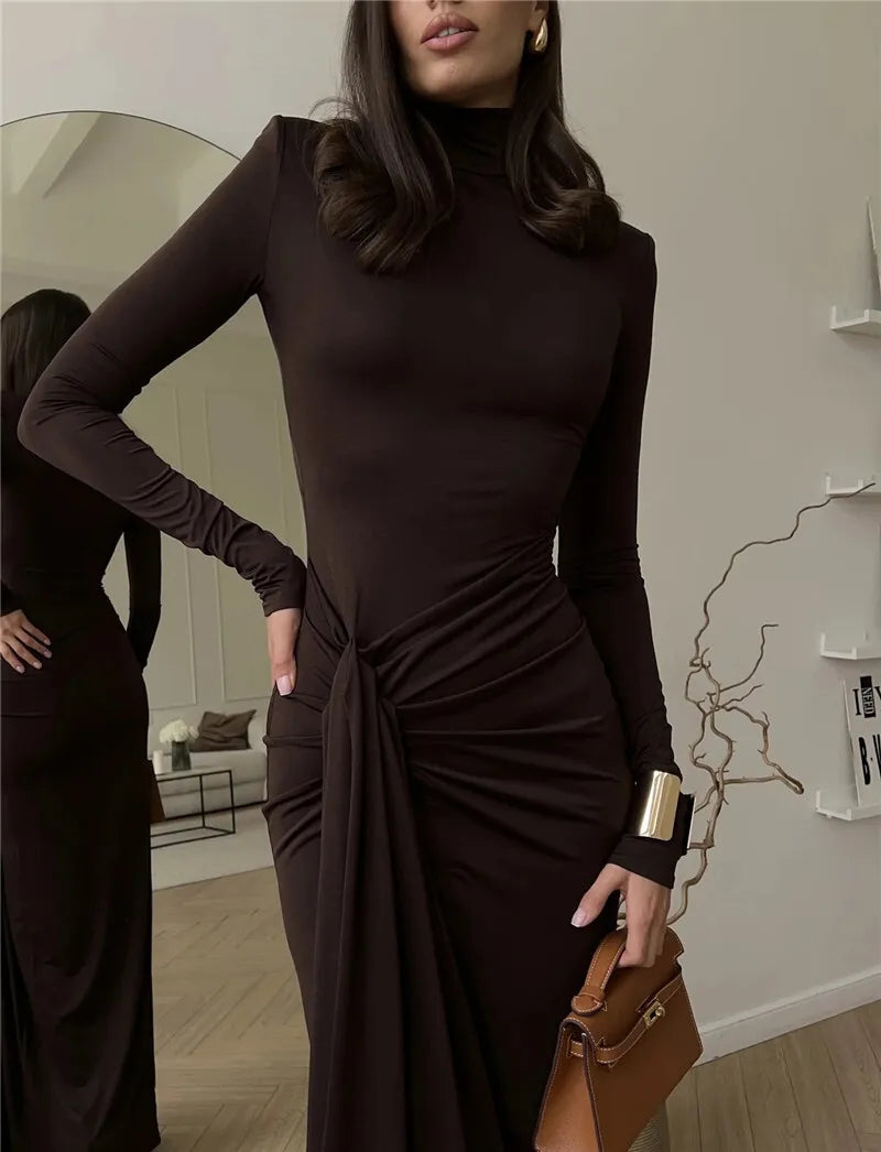 Turtleneck Thigh High Split Sexy Maxi Dress For Women Fashion Long Sleeve Draped Bandage Bodycon Club Long Dress