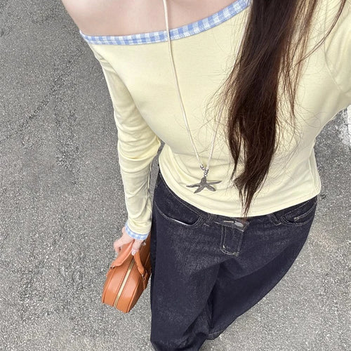 Load image into Gallery viewer, Women Streetwear Vintage Plaid Patchwork Tees Y2k Aesthetic Skew Collar Casual Loose T Shirts Spring Harajuku Grunge Crop Tops
